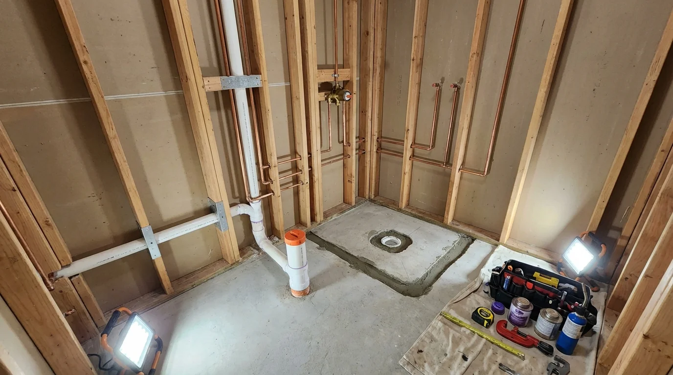 Bathroom rough-in plumbing during remodel by Johns Plumbing LLC in New Hampton