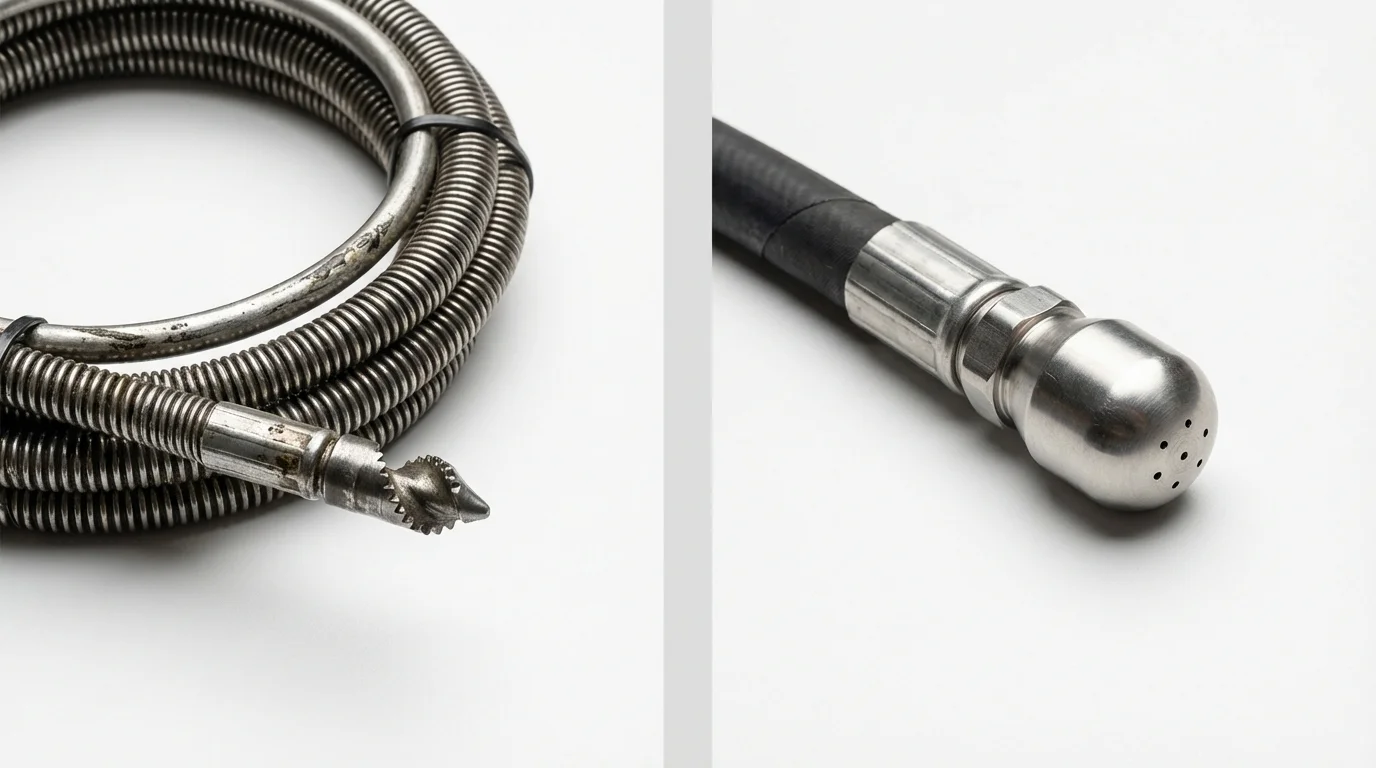 Drain snake cable and hydro jetting nozzle used for drain cleaning in New Hampton, IA