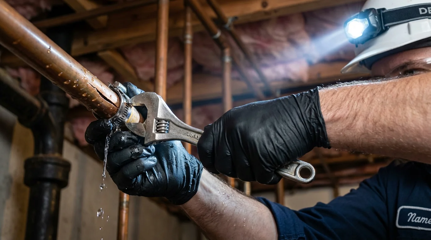 Emergency pipe clamp repair being performed by a Johns Plumbing LLC plumber in New Hampton