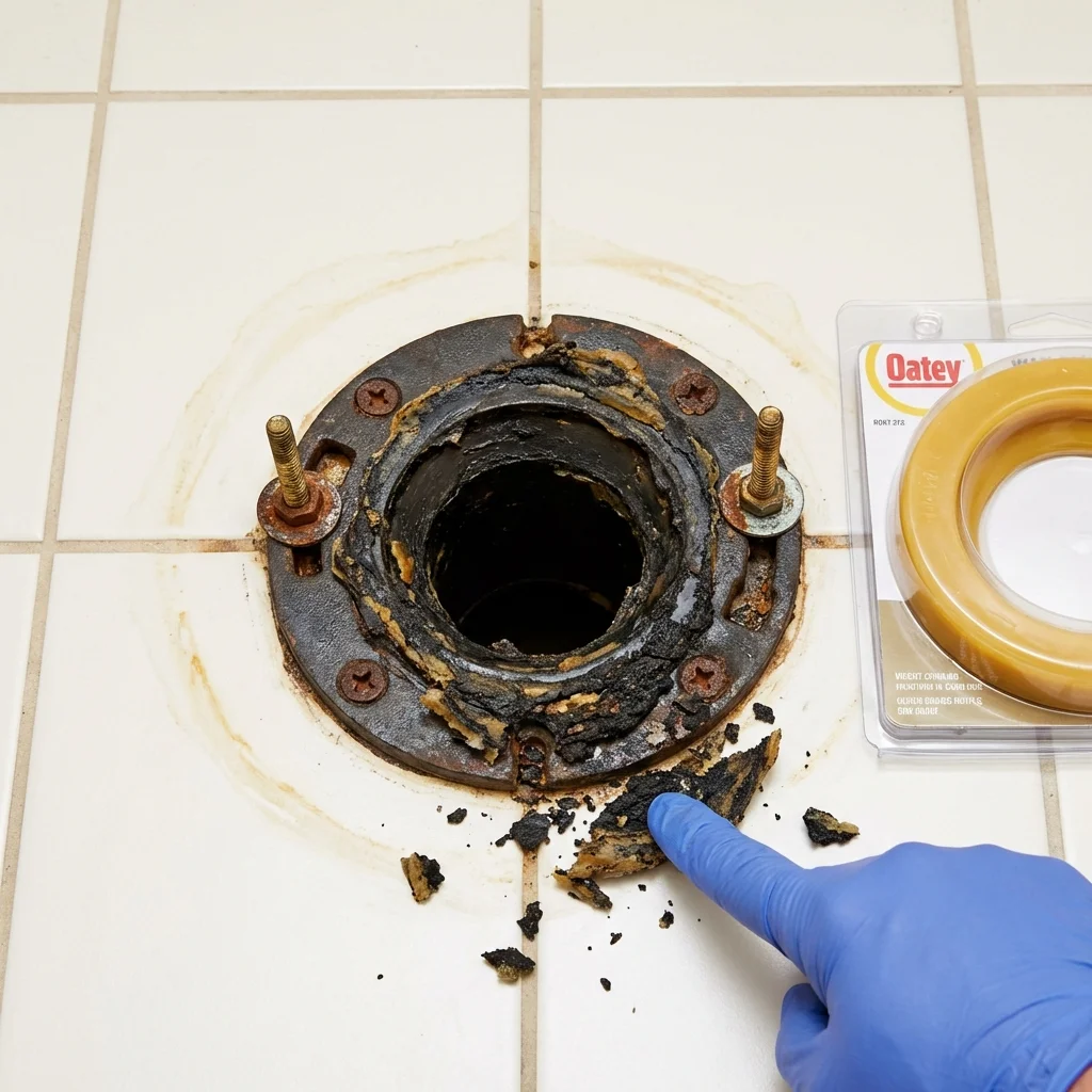 Failed wax ring showing water seepage at the base of a toilet in a New Hampton, IA home